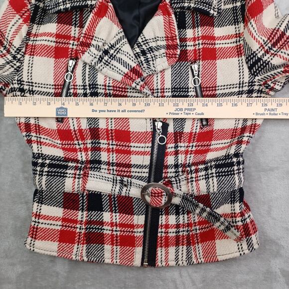 Express Women Plaid Wool Blend Moto Belted Jacket Medium Black Red Preppy Bomber - Picture 9 of 14